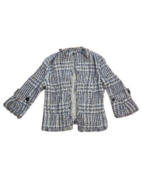 Lafayette 148 New York Fringed Plaid Tweed Open Jacket in Blue and White